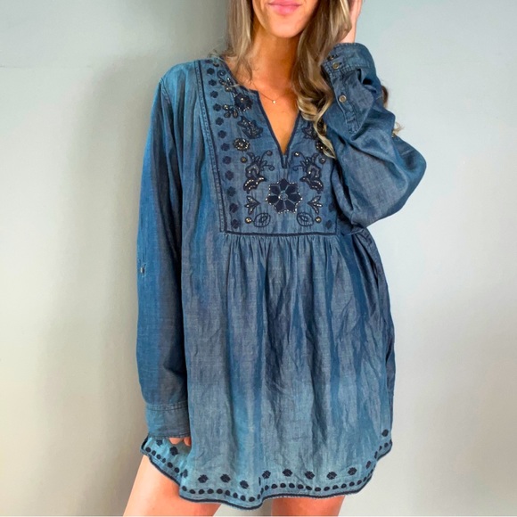 Gorgeous Vintage America Navy Blue with Embroidery and Gold Bead Blouse or Dress - Picture 5 of 11